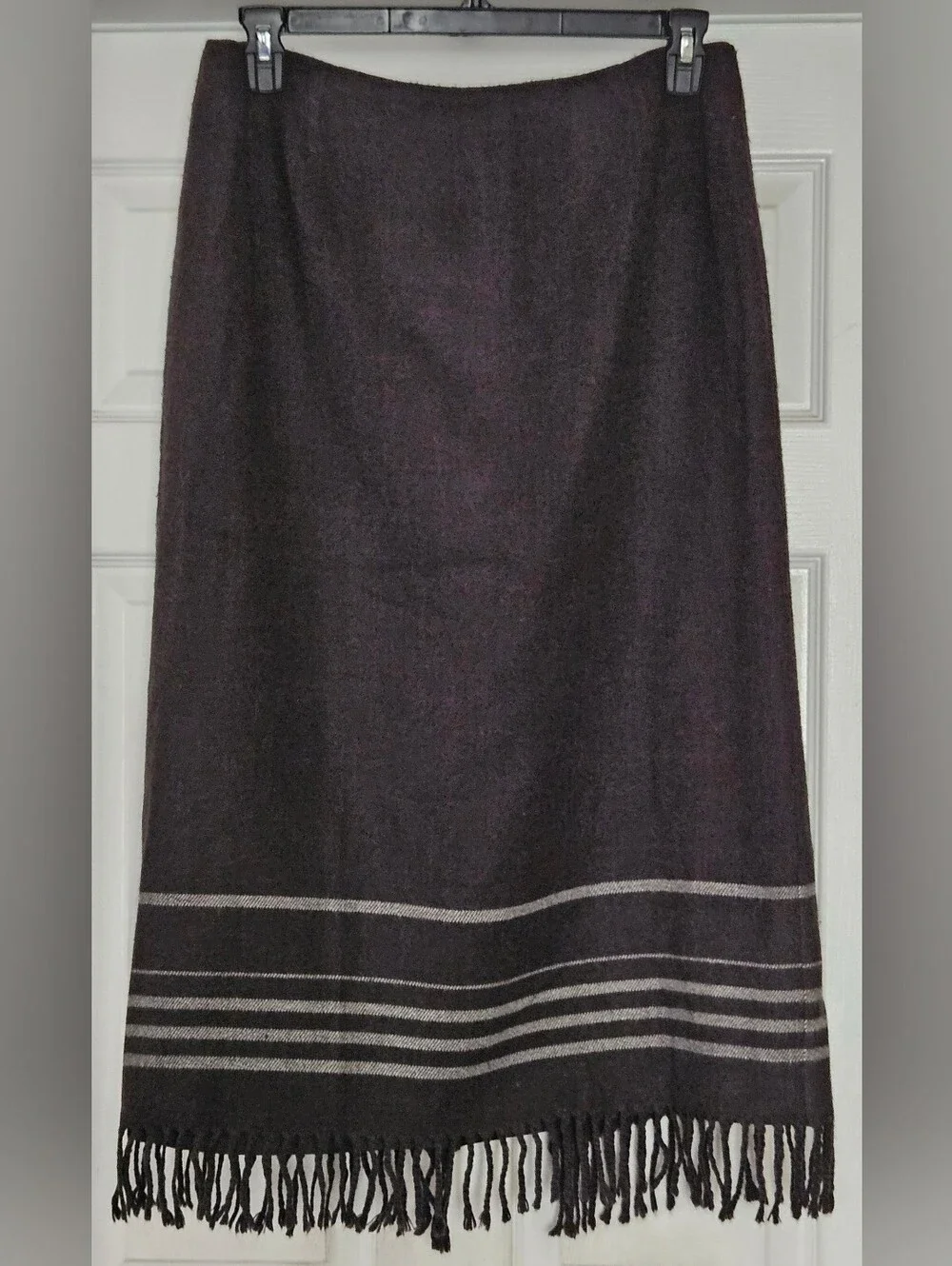 Vintage 90s Nine & Co Charcoal Gray Wool Blend Lined Maxi Skirt Fringe Hem Sz 14